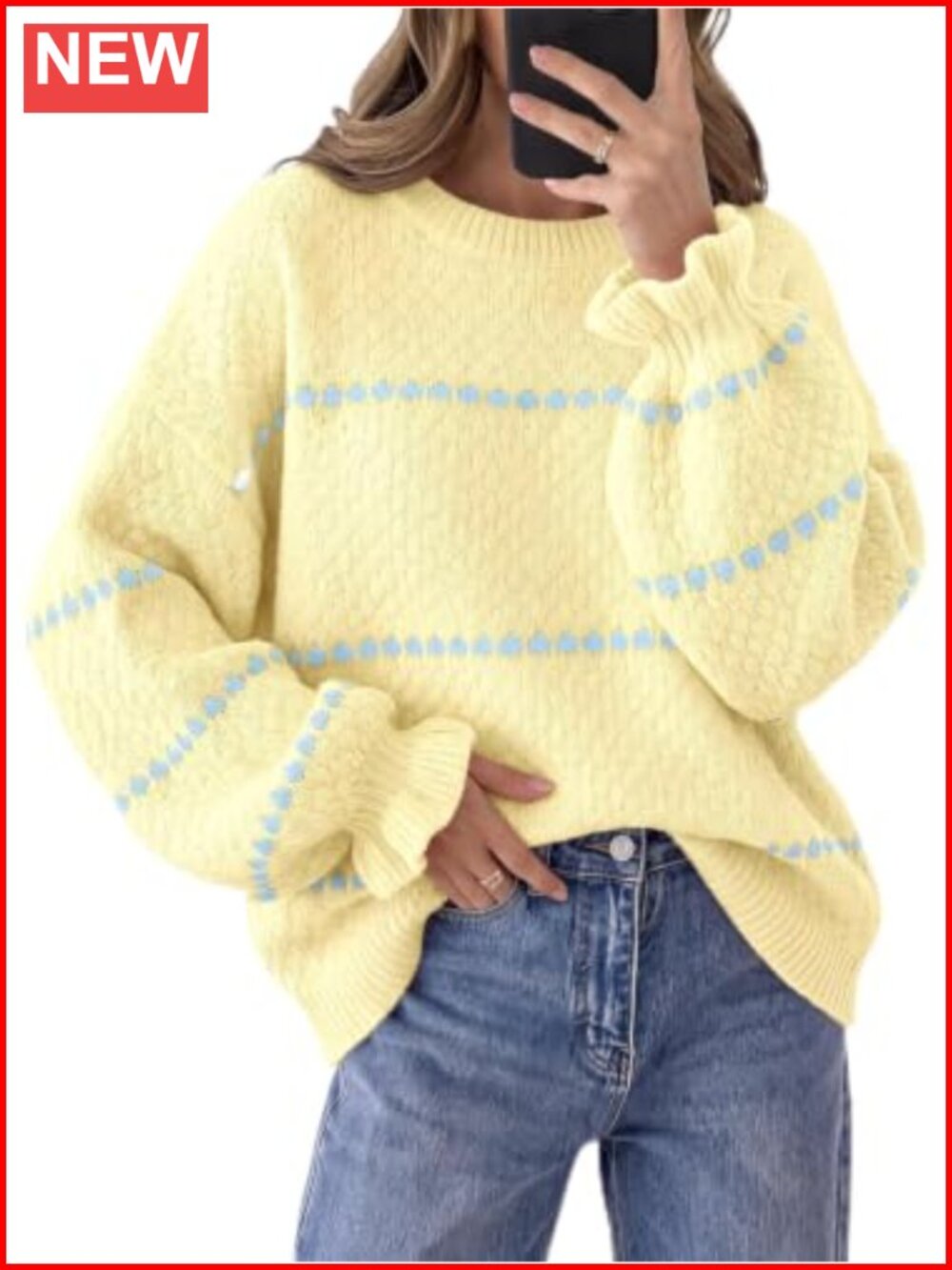Oversized Chunky Heart Pattern Crew Neck Lantern Sleeve Pullover Sweater